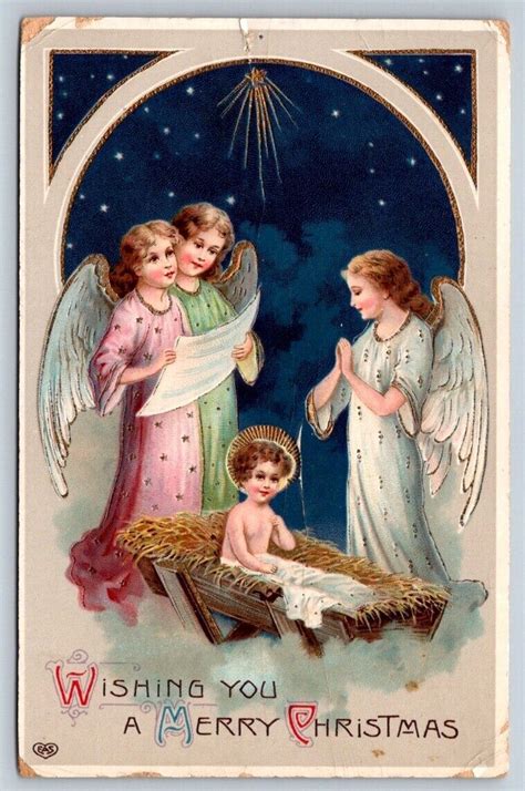 Nativity Scene, Angels, Baby Jesus In Manger, 1914 Christmas EAS Postcard | Other / Unsorted ...