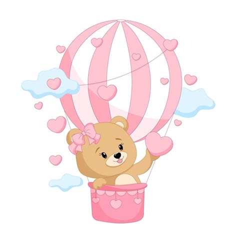 Premium Vector Adorable Teddy Bear On A Hot Air Balloon With Pink Hearts Happy Valentine S