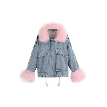 Emmiol Free Shipping Oversized Faux Shearling Denim Coat Pink S In