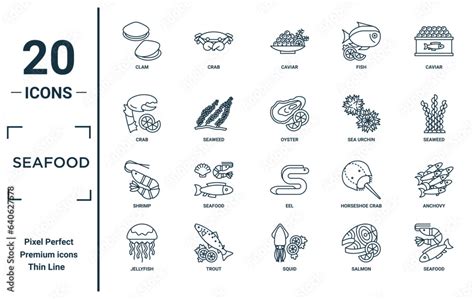 Seafood Linear Icon Set Includes Thin Line Clam Crab Shrimp