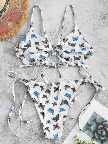 Zaful Butterfly Print Ribbed Cut Out String Bikini Swimwear In Multi A