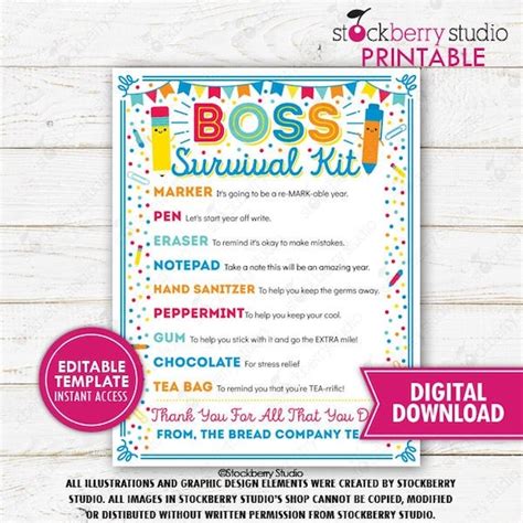 Boss Survival Kit Printable Thank You Professional S Day Etsy