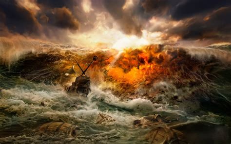 Ship Sinking In A Fiery Ocean - Wallpaper