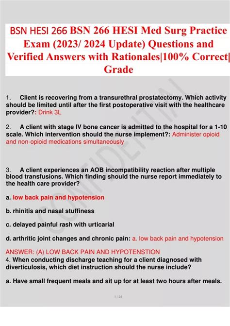 Bsn Hesi 266 Bsn 266 Hesi Med Surg Practice Exam Update Questions