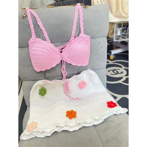 SET BIKINI LEN MÓC HANDMADE ÁO HỒNG CHÂN VÁY TRẮNG ĐÍNH HOA SIÊU ĐẸP CÓ SẴN HIMI166 Shopee