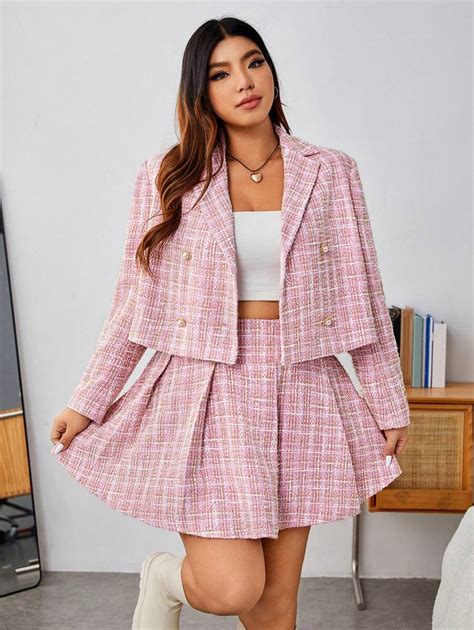 Shein Ezwear Plus Plaid Double Breasted Blazer Fold Pleated Skirt