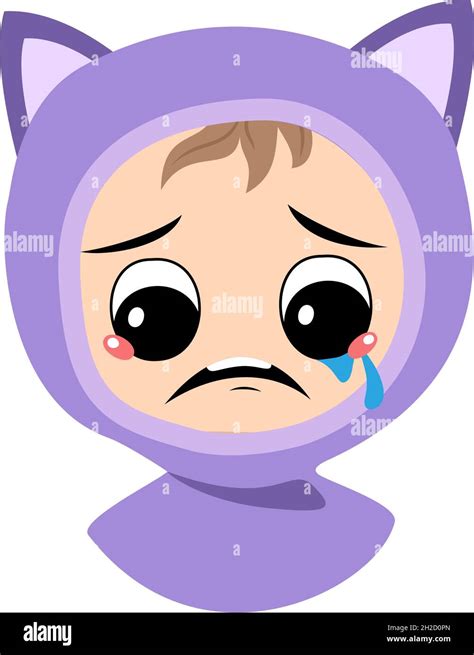 Avatar of child with crying and tears emotion, sad face, depressive ...