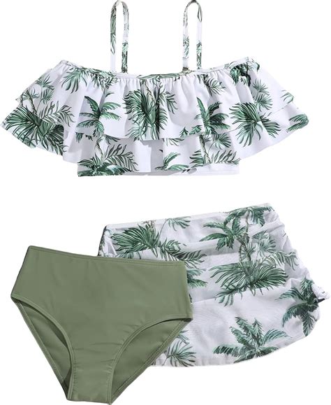 Amazon Cozyease Girls Pcs Tropical Print Swimsuit Ruffle Hem Bikini With Ruched Cover Up