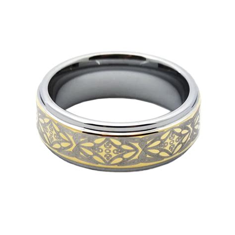 8mm Gold Celtic Laser Tungsten Carbide With Silver Step Edge Mens Wedding Band Tungsten Rings