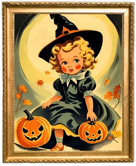 Vintage Halloween 1950s Style Little Witch Digital Art Print, Witch Art ...