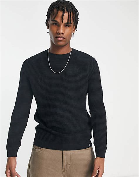 Pullandbear Jumper With Waffle Knit In Black Asos