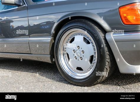 SUMY, UKRAINE - SEPTEMBER 21, 2019. AMG wheels on the oldtimer Mercedez ...