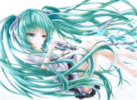 Blue Eyes Blue Hair Hatsune Miku Long Hair Microphone Ribbons Tagme