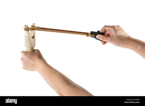 Catapult Slingshot Isolated On White Background With Kid Hand Pulling