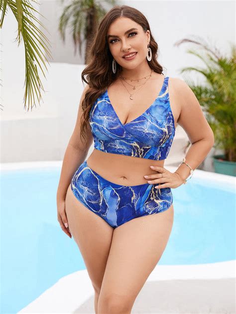 Plus Size Marble Print Bikini Swimsuit With Beach Skirt Blue Plus Curvves