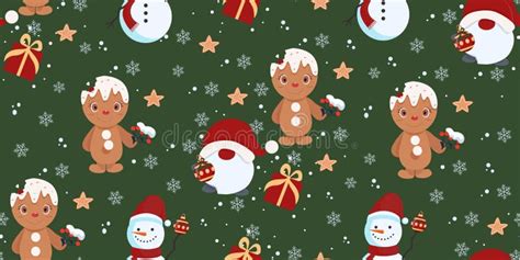 Seamless Vector Christmas Pattern Gnomes And Gingerbread Man On A Green