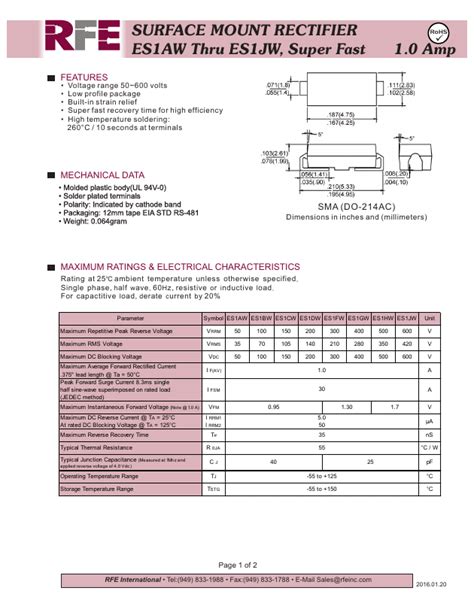 ES1JW RFE RECTIFIER Hoja de datos Ficha técnica Distribuidor