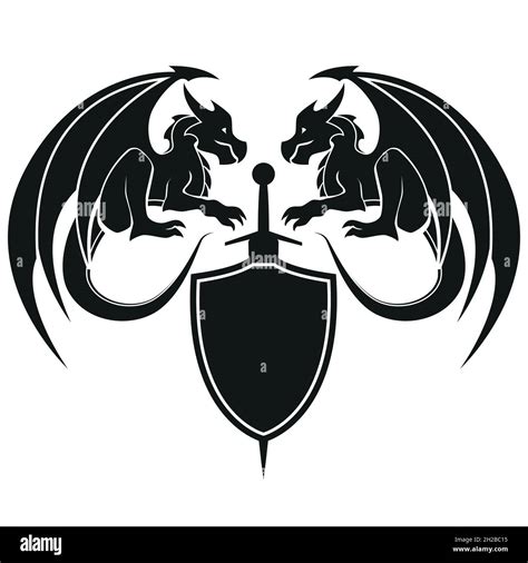 Two Dragons With Sword And Shield Dragon Symbol Black And White