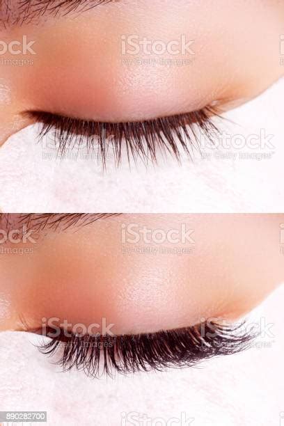 Eyelash Extension Procedure Comparison Of Female Eyes Before And After