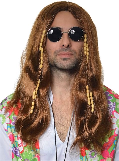 Long Brown Beaded Hippie Mens Costume Wig