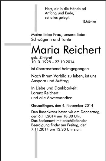 Traueranzeigen von Maria Reichert Schwarzwälder Bote Trauer