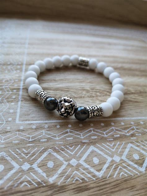 Bracelet Lastique Homme Blanc Noir Argent T Te De Lion Etsy