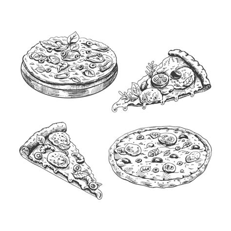 Premium Vector | Hand drawn sketch of whole pizza and pieces with ...