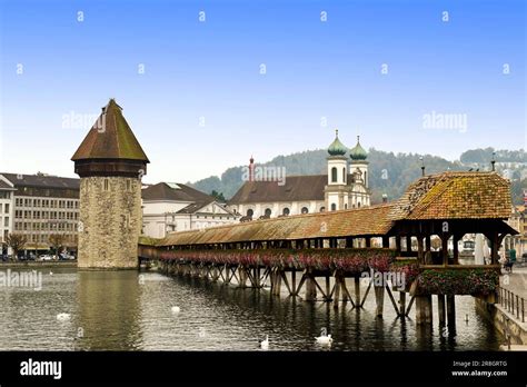 Chapel Bridge Over The Reuss River Lucerne Switzerland Stock Photo