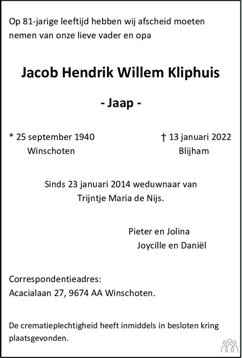 Jacob Hendrik Willem Jaap Kliphuis Overlijdensbericht En