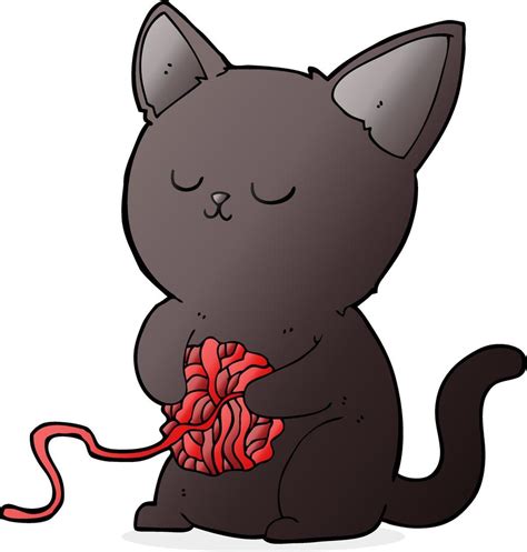 Cartoon Cute Black Cat Playing With Ball Of Yarn Vector Art At