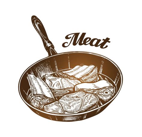 Cooking Frying Pan With Meat Sketch Vector Illustration Stock Vector