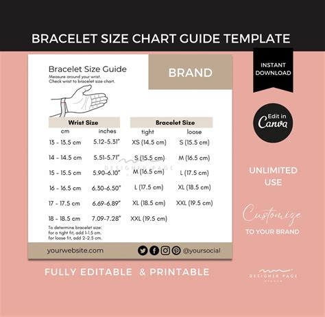 Bracelet Size Chart Template Editable Printable Jewelry Accessory ...