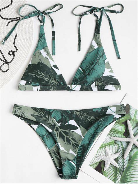 19 OFF 2021 Tie Shoulders Tropical Bikini Set In PINE GREEN ZAFUL