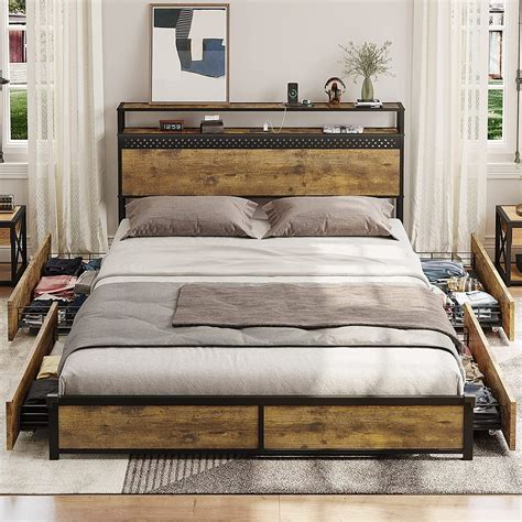 Full Size Bed Frame With Storage Drawers Industrial Metal Platform