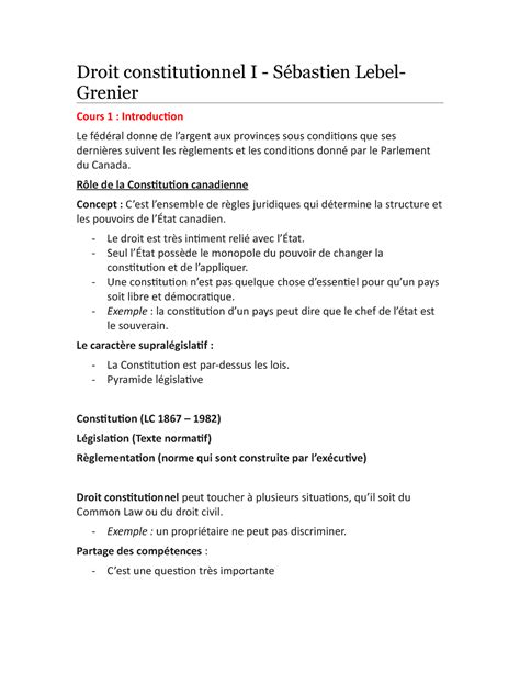 Drt Note Prof Notes De Cours En Droit Constitutionnel I Avec