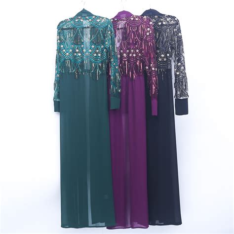 Muslim Women Lace Sequin Cardigan Chiffon Maxi Long Dress Kimono Open