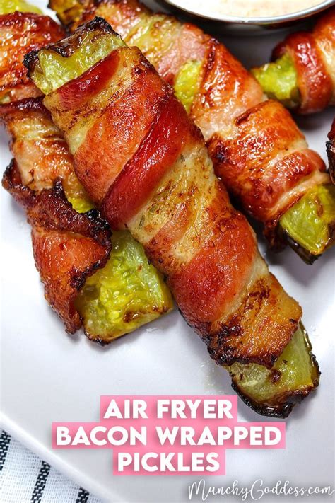 Air Fried Bacon Wrapped Pickles On A Light Gray Plate With Dipping