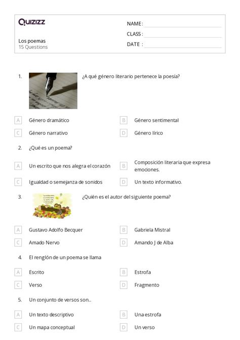 Poemas Hojas De Trabajo Para Grado En Quizizz Gratis E Imprimible