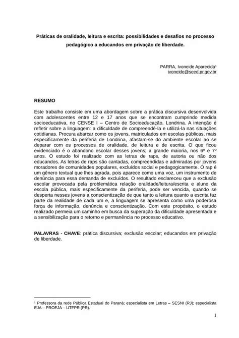 Pdf Pr Ticas De Oralidade Leitura E Escrita Possibilidades E