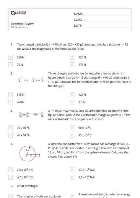 Coulombs Law And Electric Force Worksheets For Th Class On