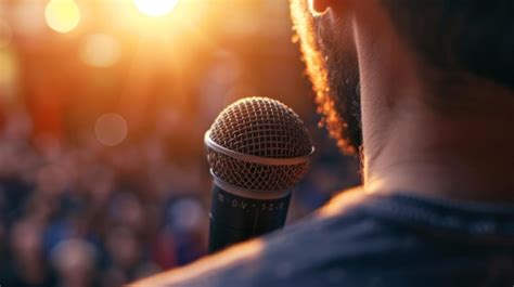 Premium Photo Man Holding Microphone In Front Of Crowd