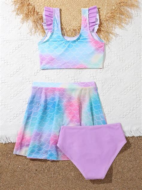 Girls Fish Scales Print Ruffle Trim Bikini Swimsuit With Beach Skirt