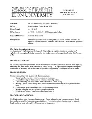 Fillable Online Elon INTERNSHIP COURSE SYLLABUS SUMMER 2011 Elon