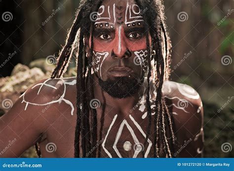 Portrait Of The Taino Indian With Dreadlocks And Red Body Painting On