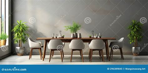 Interior Of Modern Dining Room With Wooden Table And Chairs Stock