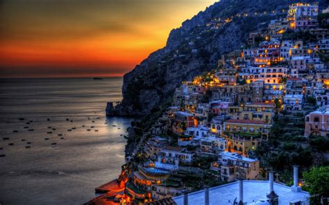 Download Hdr Coast Ocean Light Night House Town Italy Man Made Positano Wallpaper