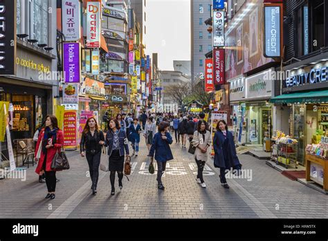 Myeong Dong Seoul Korea April 12016 People Shopping And Walking In