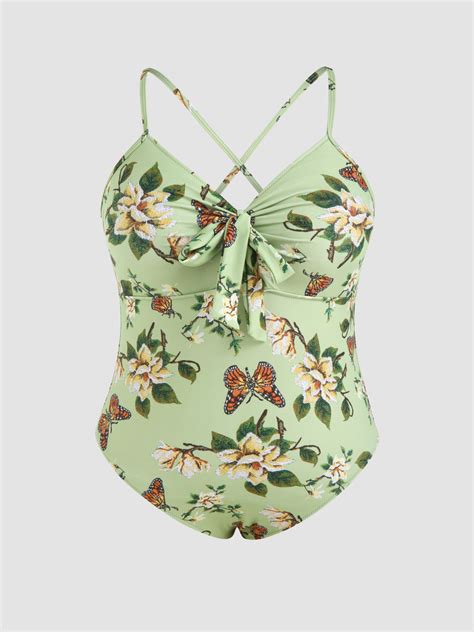 Floral And Butterfly Knotted One Piece Swimsuit Curve And Plus For Swimming