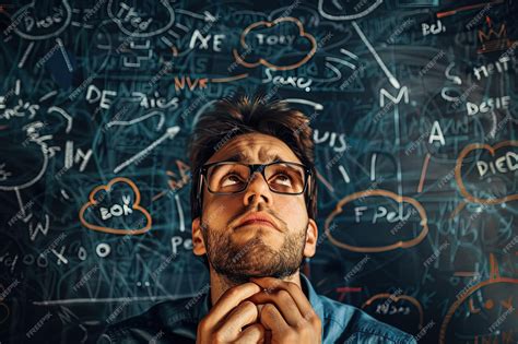 Premium Photo A Man Wearing Glasses Standing In Front Of A Blackboard With Writing On It