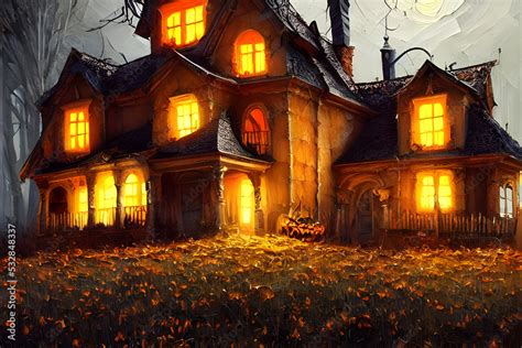 haunted house / spook house / ghost house / halloween house with red glowing windows in autumn ...